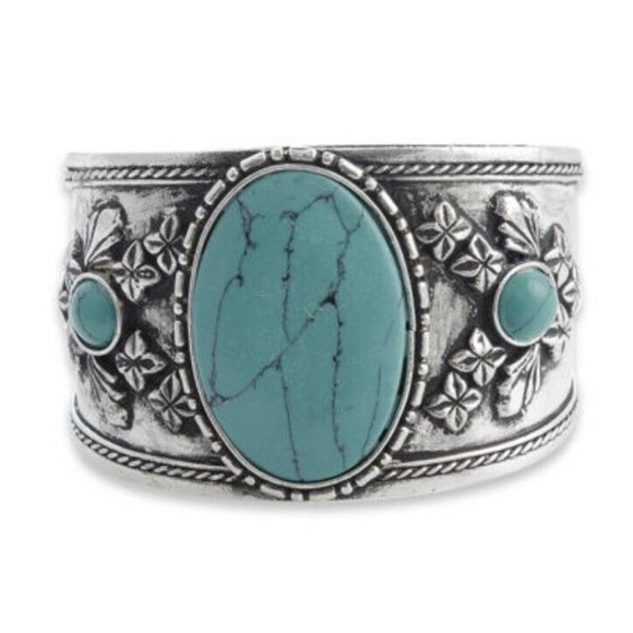 Myra Rwanda Open Cuff Bracelet Silver Tone Copper Turquoise Look - Myra 606 - Picture 3 of 12